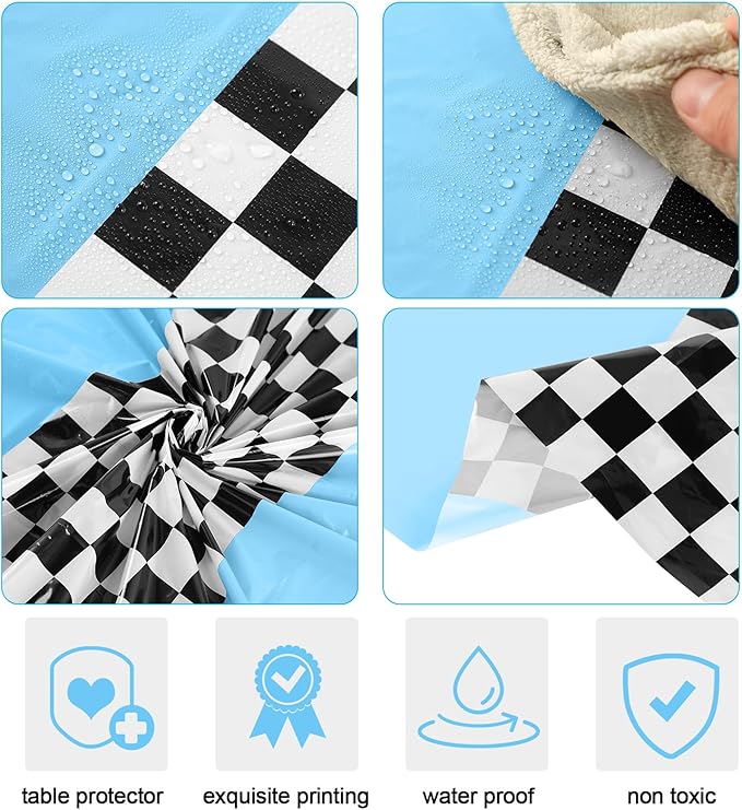 Oudain 6 Pcs Cars Birthday Party Supplies Racing Party Decorations Round Racing Tablecloth Checkered Flag Table Covers Road Plastic Table Cloth, 1950s Disco Dancing Party Tablecloth (Light Blue)
