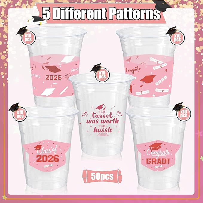 GuassLee Rose Gold Graduation Decorations 2026 Party Cups - 50pcs 12 Oz Rose Gold Disposable Graduation Plastic Clear Cups for Drinks Class of 2026 Grad Party Supplies