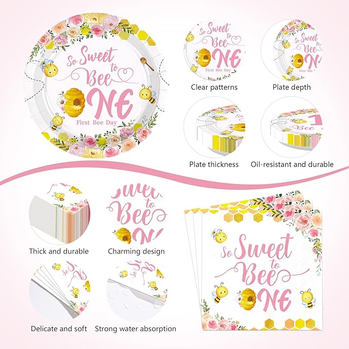 170Pcs Pink Bee 1st Birthday Party Supplies Honey First Theme Plates and Napkins Tableware Sets So Sweet to Bee One Birthday Party Decorations for Girls One Year Old Party,Serves 24