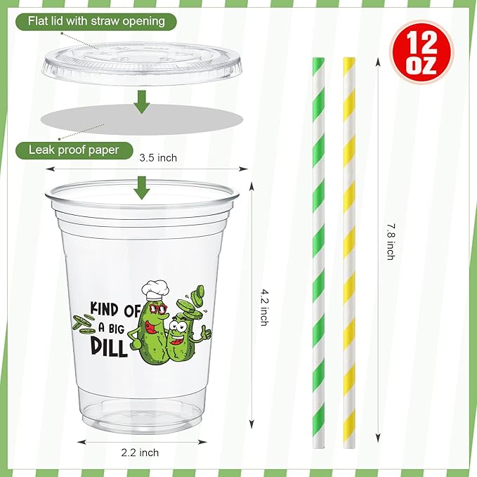 Domensi 50 Pcs Pickle Party Birthday Plastic Cup 12 oz Kind of a Big Dill Birthday Thick Clear Cup Green Pickle Cucumber Theme Party Table Decorations Favor