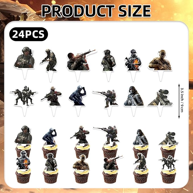 25Pcs Call of-Duty Birthday Party Supplies Pack Includes 1 Cake Topper 24 Cupcake Toppers for Game Call Party Supplies