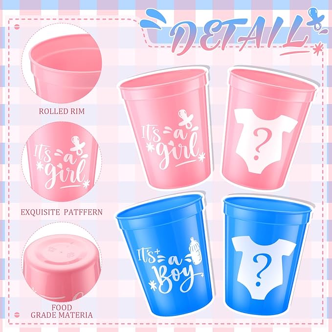 24 Pcs Gender Reveal Cups 16 oz Reusable Thick Boy or Girl Party Plastic Drinking Cup Pink and Blue Gender Reveal Party Decorations Baby Shower Supplies