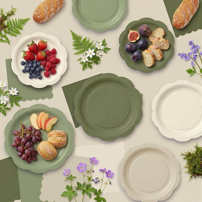 LemonRoad 100 Pcs Nude Sage Green Paper Plates Napkins and Plastic Tablecloth Set for 24, Gradient Green Tan Disposable Dinner Dessert Plate for Baby Shower Birthday Wedding Party Decoration Supply