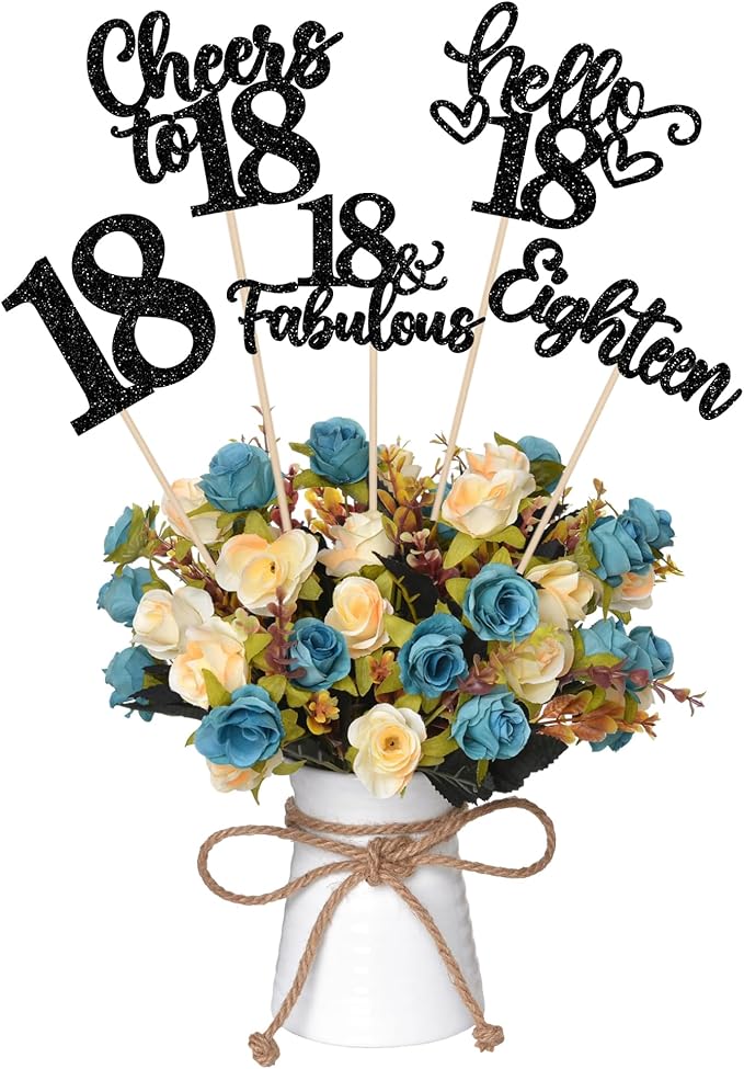 15PCS Happy 18th Birthday Centerpiece Sticks Hello 18 Cheers to 18 Birthday Table Flower Centerpieces Sticks Eighteen 18 Fabulous Floral Decorations for 18th Birthday Party Centerpieces Supplies Black