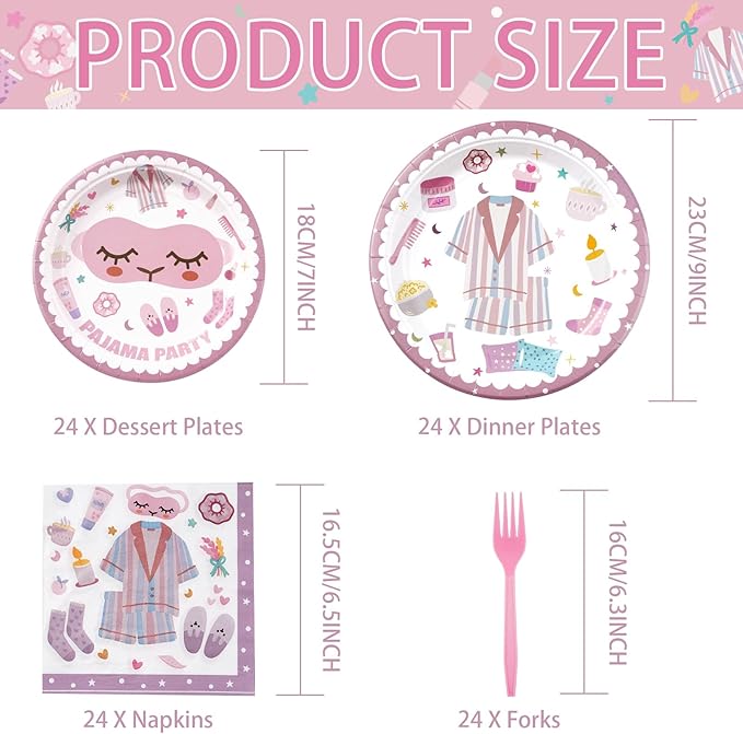 96Pcs Pajama Party Decorations Supplies Sleepover Party Supplies For Girls Pajama Plates Napkins Forks Tableware Set for Slumber Party Spa Party Girls Birthday Party Bachelorette Party, Serves 24