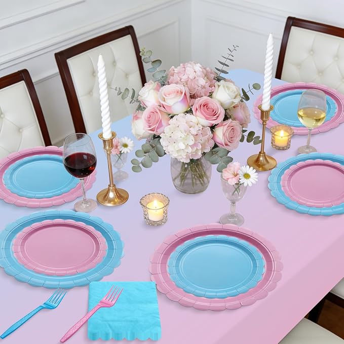 Gender Reveal Party Supplies Set for 20 Guests, Including Pink Blue Tablecloth, Forks, Napkins and Plates for Gender Reveal Decorations Baby Shower Boy or Girl Party