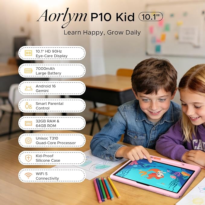 P10 Kids Tablet for Ages 3-7, Android 16 Tablet, Gemini AI, 10 Inch Tablets, 90Hz, 32GB RAM+64GB ROM, 7000mAH, 5G WiFi, Face ID, Kids Tablets with case,Includes a Child Protective case and Pen