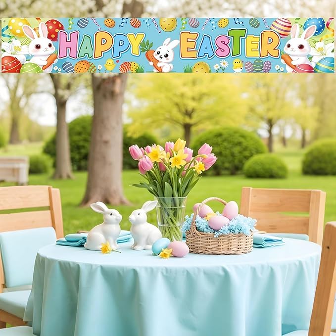 Happy Easter Banner 120x20 Inches, Easter Outdoor Decorations for Yard, Fence, Porch, Party, Durable Polyester Easter Bunting with Easy Hang Grommets for Indoor Outdoor Easter Party Supplies