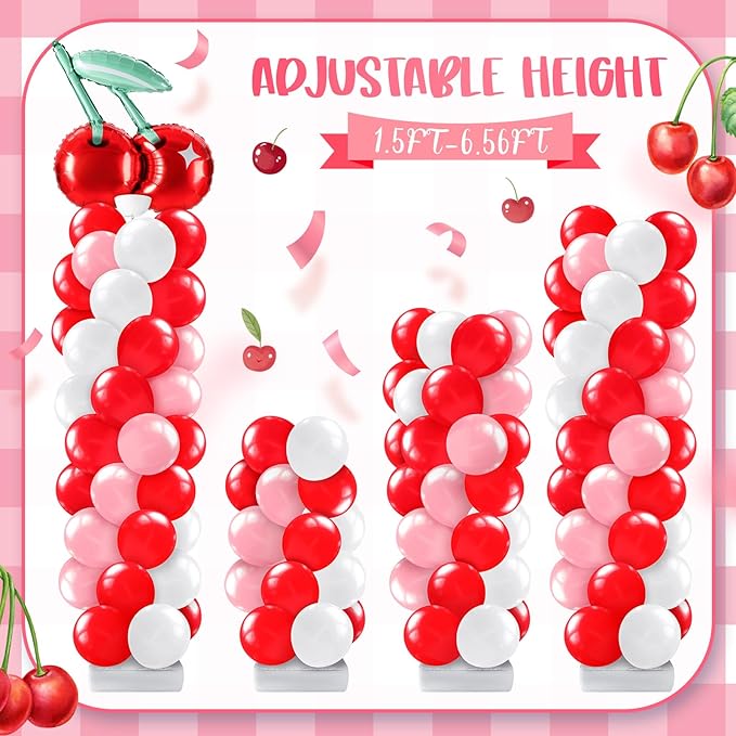 Kasyat 2 Set Cherry Balloon Column Stand Kit with Adjustable Balloon Arch Kit Red Cherry Party Supplies for Girls Summer Fruit Wedding Baby Shower Birthday Party Supplies