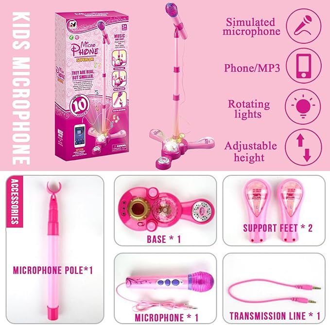 Kids Karaoke Machine with Adjustable Stand,Kids Microphone Music Sing Along with Flashing Stage Light and Pedals Gift for Kids (Pink)