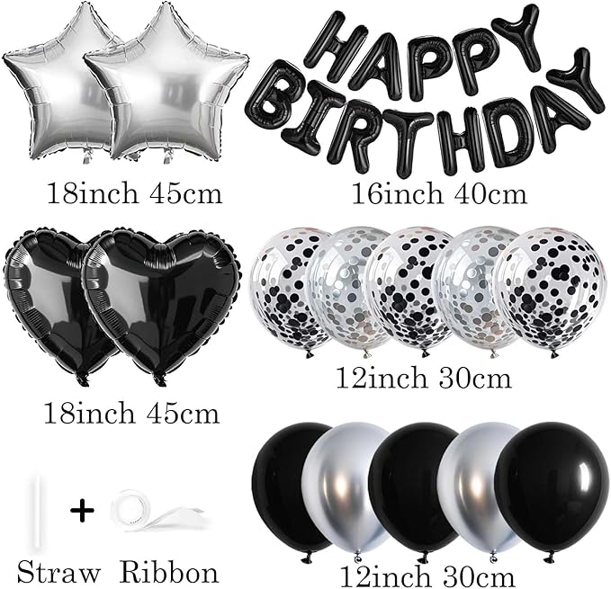 27 Pcs Black Silver Birthday Decorations, 3D Letters Black Happy Birthday Balloon Banner, Pentagram Heart Foil Balloons Confetti Balloons Kit For Boys Girls Party Supplies