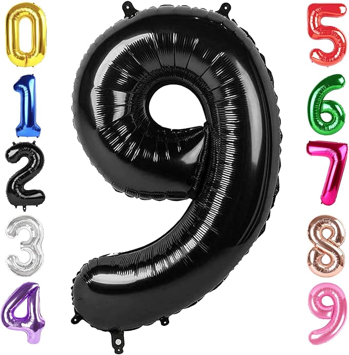 40 Inch Black Number 9 Balloon, Giant 9 Number Balloons for 9th Birthday Decorations, Party Supplies for Baby Boy Girl, Black Party Decor