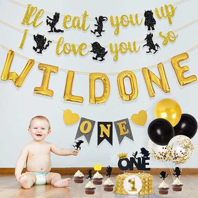 JOYMEMO Wild One Birthday Party Decorations Set, Black Gold Wild One Balloons, I'll Eat You Up I Love You So Banner, Cake Toppers for Boys 1st Birthday Party Supplies