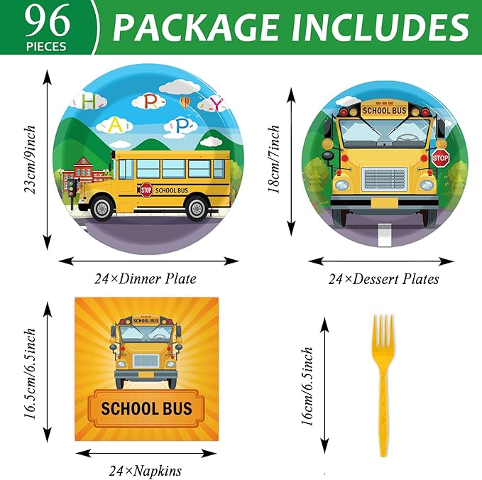 gisgfim 96 Pcs School Bus Party Plates and Napkins Party Supplies Back to School Birthday Party Tableware Set School Bus Decorations Favors for Birthday Baby Shower for 24 Guests