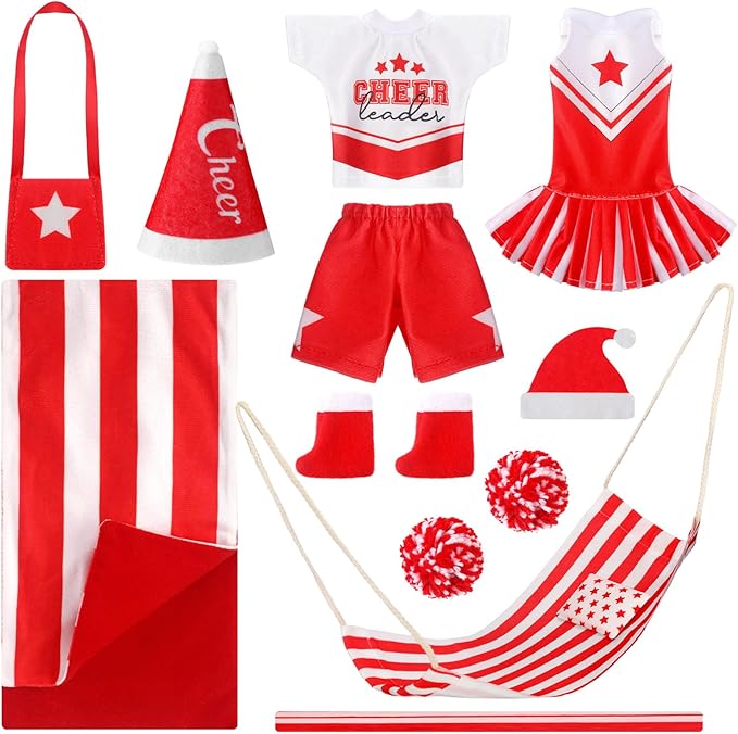 Kacctyen 11 Pcs Christmas Accessories Include Cheerleader Doll Sleeping Bag Hammock Apron Chef Hat Dress Scarf Top Shorts Horn Pompoms Bag Snowmen Clothes (Cheerleader Style)