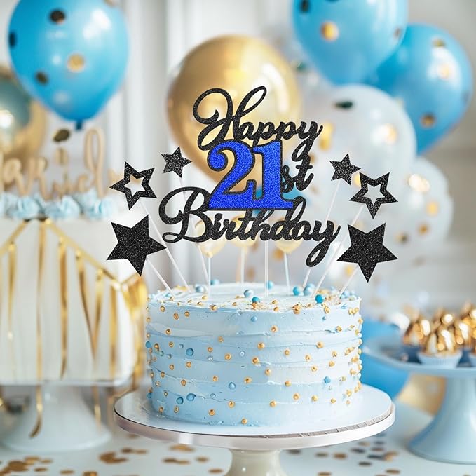 Happy 21st Birthday Cake Toppers, Black Blue Glitter Cake Decorations Set, 21st Birthday Decor, Birthday Anniversary Party Decorations Supplies