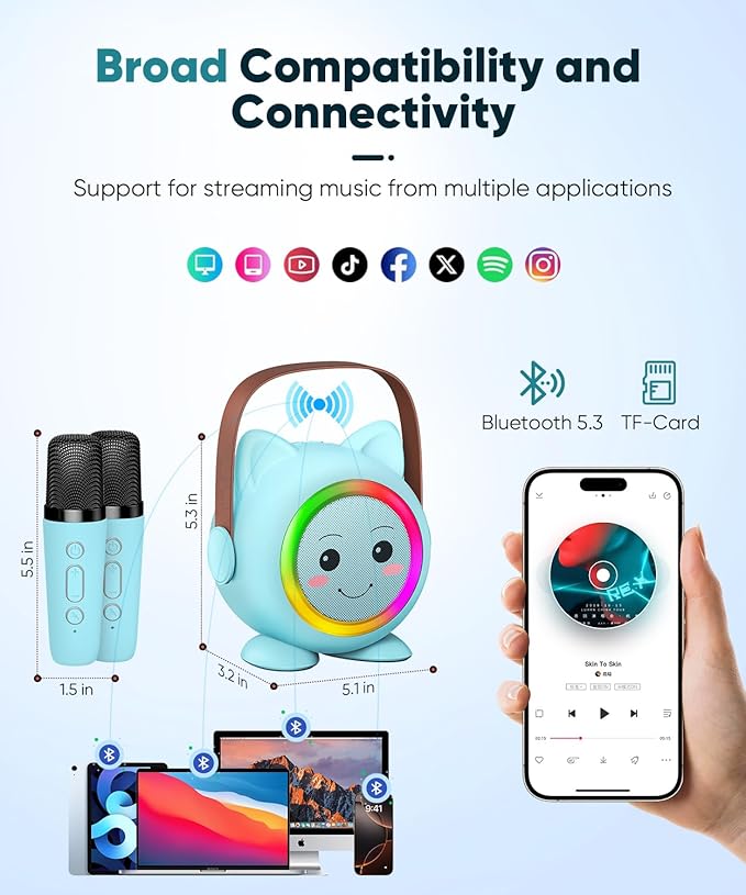 Mini Karaoke Machine Toy for Kids, Portable Karaoke Machine with 2 Wireless Microphone for 4,5,6,7,8,9,10,11,12+ Years Old Christmas Birthday Gifts Girls Boys (Blue)