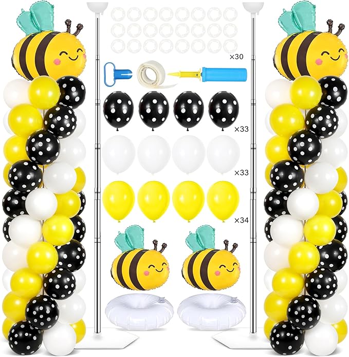 2 Sets Bee Birthday Party Balloon Column Stand Kit With 102 Bumble Bee Foil 5.57Ft Adjustable Balloon Tower Stand With Base Honey Bees Arch Column for Gender Reveal Birthday Baby Shower Party Supplies