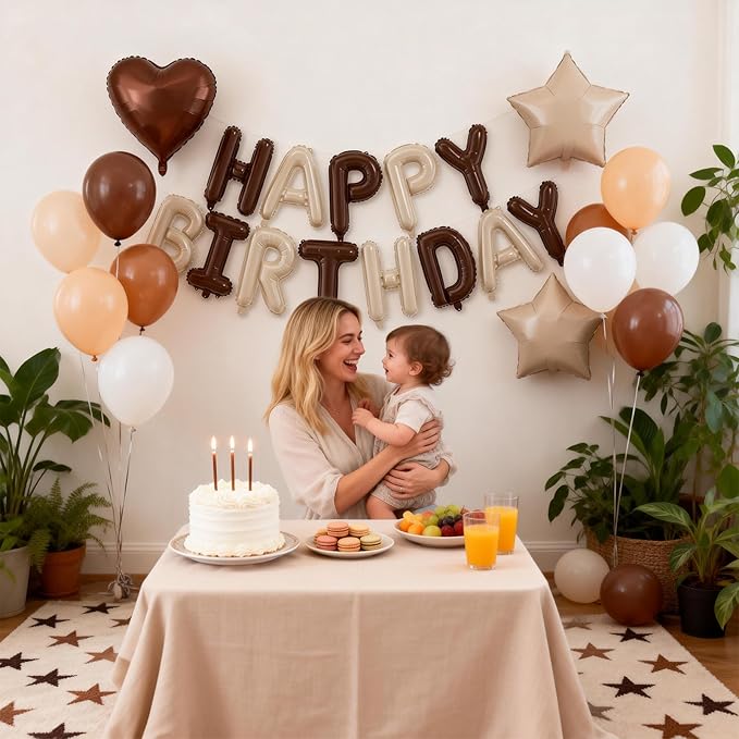 29PC Cream Brown Happy Birthday Balloon Banner, 16Inch 3D Aluminum Letter Banner Sign, Brown Apricot Dusty Ivory White Balloon 18 Inch Star Heart Foil Balloon for Women, Men Party Supply