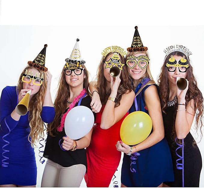 Sratte 36 Pcs Black Gold Style Birthday Party Favors Set Happy Birthday Hat Headband Glasses Noise Makers Party Horns