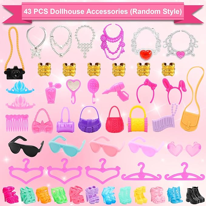 BARWA 53 pcs Doll Clothes and Accessories 10 pcs Party Dresses with 42 pcs Shoes, Crown, Necklace, Hangers, Bags, Accessories for 11.5 inch Doll