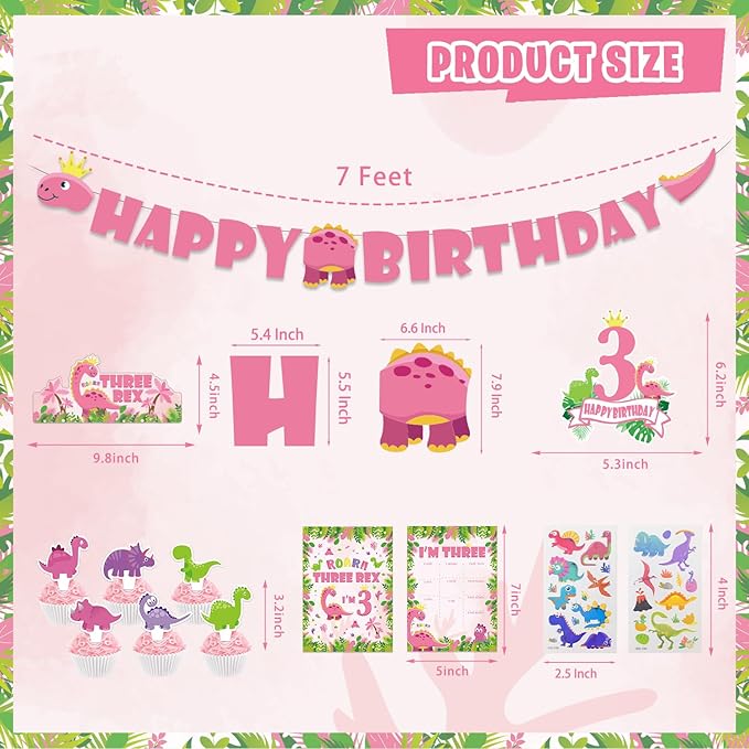 Pink Dinosaur Birthday Decorations for 3 Year Old Girls, 134 Pcs Three Dino Rex Girl Dinosaur Party Supplies for Girl - Backdrop, Toppers, Tablecloth, Centerpieces, Banner, Crown, Poster