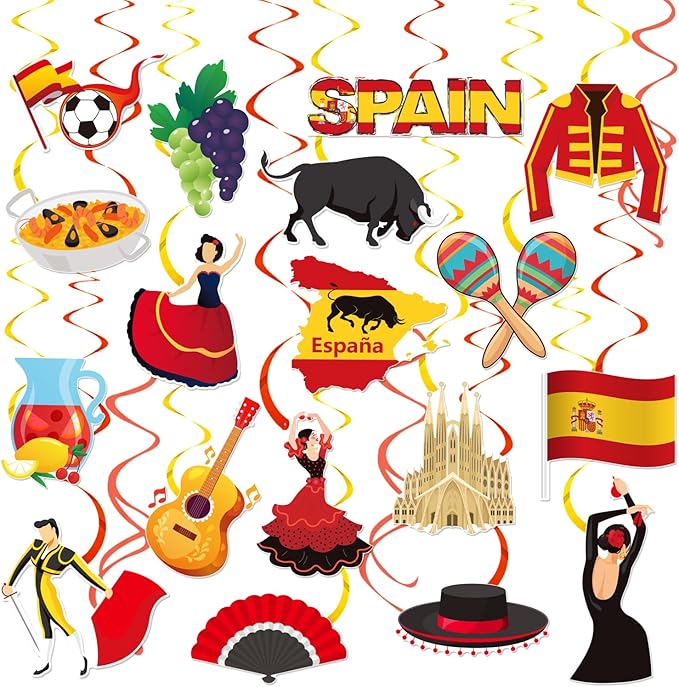 Spanish Hanging Swirls 20Pcs Spanish Birthday Hanging Decorations Spain Theme Fiesta Ceiling Swirls Spanish Party Hanging Streamers for Española Flamenco Bullfight Party Supplies