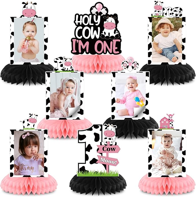 Holy Cow Im One Birthday Decorations, Cow First Birthday Decorations Honeycomb Centerpiece for Table, Baby 1st Birthday Cow Themed Photo Table Centerpiece Party Supplies