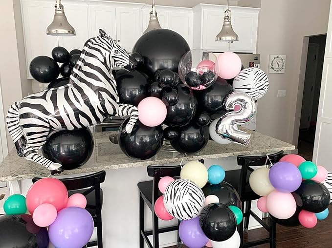 Big 40 Inch Zebra Balloons - Helium Filled, Shaped for Jungle Safari Themed Kids Birthday Party (Pack of 4)