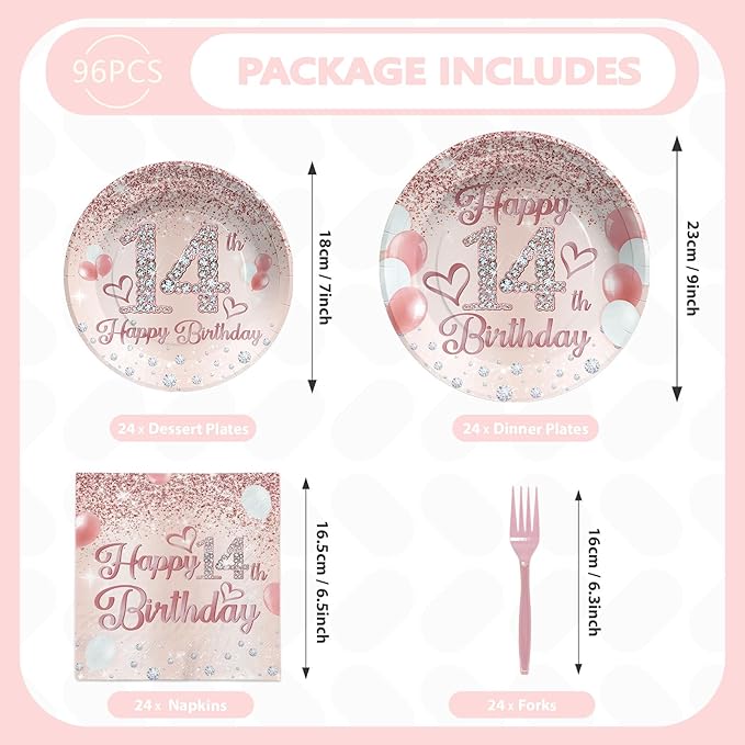 Grencian 96Pcs 14th Birthday Party Supplies Disposable Rose Gold 14 Year Old Birthday Plates Napkins Forks Tableware Set 14th Birthday Decorations for Girls Happy 14th Birthday Fabulous Party Serve 24