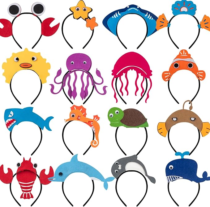 16 Styles of Felt Fabric Headband for Under The Sea Party Decorations, Ocean Animal Themed Party Favors, Beach, Pool, Mermaid, Zoo Parties Supplies, Kid Birthday Dress-up Hair Hoop, Halloween Costumes