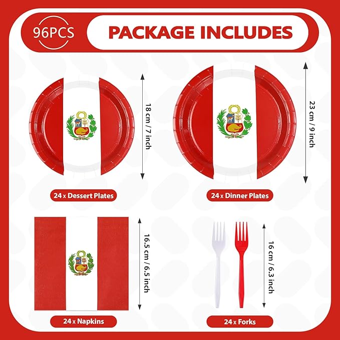 96Pcs Peru Flag Party Supplies Peruvian National Day Plates and Napkins Peru Red and White Tableware Set for Peruvian National Sports Events Patriotic Festival Party Decorations，Serves 24
