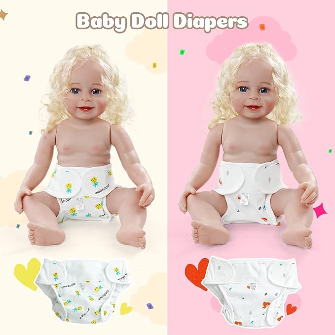 JIZHI 4 Pcs Reborn Baby Doll Diapers Reusable for 17-24 Inch Babydolls, Dolls Underwear Washable Dolls Diapers with Cute Patterns for Lifelike Reborn Baby Doll Accessories