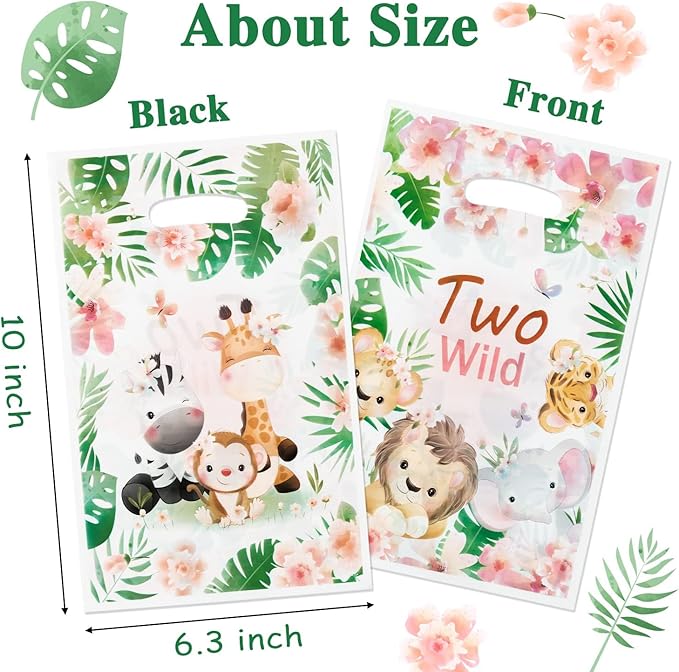 Two Wild Party Favor Bags - 50Pcs Jungle Safari Animals Goody Candy Treat Gifts Bags, Jungle Safari Themed Party Decorations for Kids Girls Boys Birthday Baby Shower Animal Theme Events Supplies
