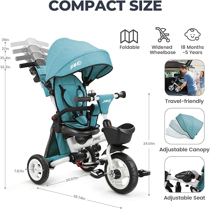 JMMD 8 in 1 Tricycle Stroller with Push Handle, Foldable Trike with 360° Swivel Seat, Reclining Backrest, All-Terrain Wheels, Dual Brakes, Canopy & Storage, Gift for Kids 18 Months to 5 Years, Green