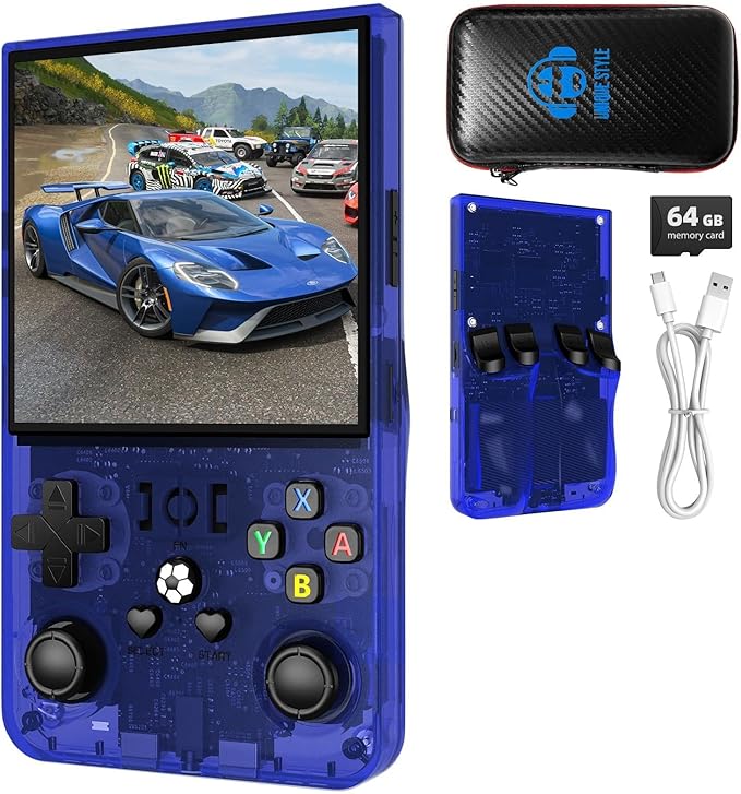 R36MAX Retro Handheld Game Console, 4.0-Inch IPS Display, 720x720 Resolution, Linux System, 64GB Support 18,000+ Classic Games, 4000mah Battery, with Portable Case(Blue 64GB)
