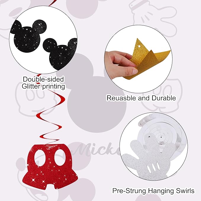 BEISHIDA 16 Pcs Mouse Hanging Swirl Decorations, Pre-Strung Mouse Birthday Party Decorations Red Gold Black Mouse Themed Birthday Party Supplies for Kids