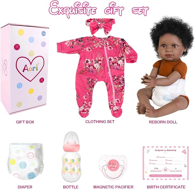 Aori Black Reborn Baby Dolls Girl - 22 inches Lifelike Black American Weighted Doll with Realistic Details, Gift for Kids 3+, Grandparents