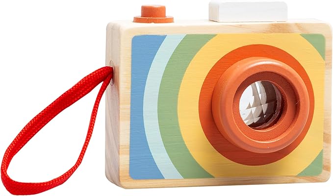 Pearhead Wooden Kaleidoscope Camera Toy, Montessori Pretend Play Camera with Click Button and Soft Strap, Creative Learning for Toddlers 12m+, Easter Basket Gift