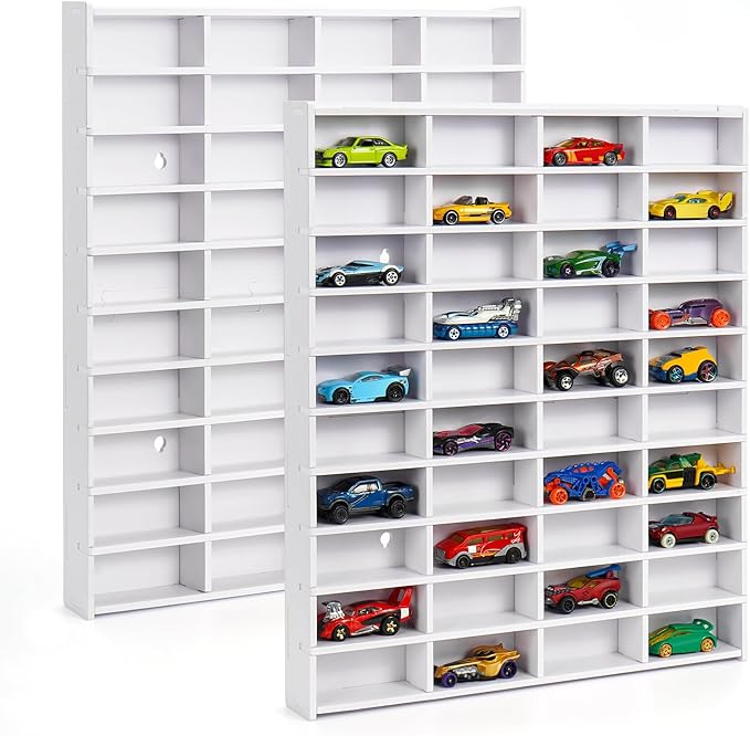 2 Pack Toy Car Display Shelf, Holds 80 Diecast 1/64 Toy Cars, Wall Mount Model Car Storage Organize Case, White