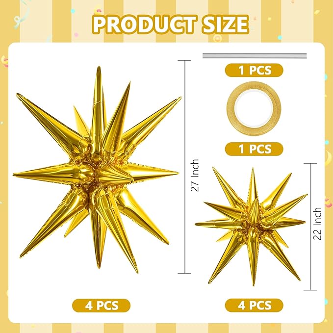 TONIFUL 8 Pcs Gold Star Foil Balloons Large Explosion Mylar Balloons for Party Backdrop Christmas New Year Birthday Wedding Baby Shower Anniversary Photo Booth Supplies
