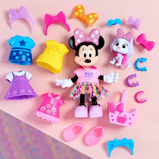 Disney Junior Minnie Mouse Glitter and Glam Pet Fashion Set, 23-piece Doll and Accessories, Kids Toys for Ages 3 Up by Just Play