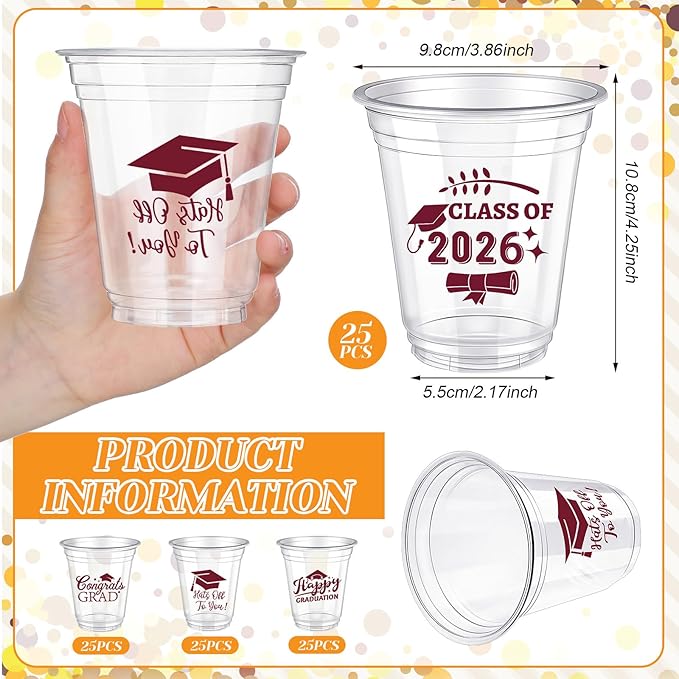 Eaasty 200 Pcs 12oz Graduation Cups 2026 Disposable Plastic Cups for Class of 2026 Graduation Party Congrats Grad Elegant Party Supplies Tableware Decorations (Wine Red)