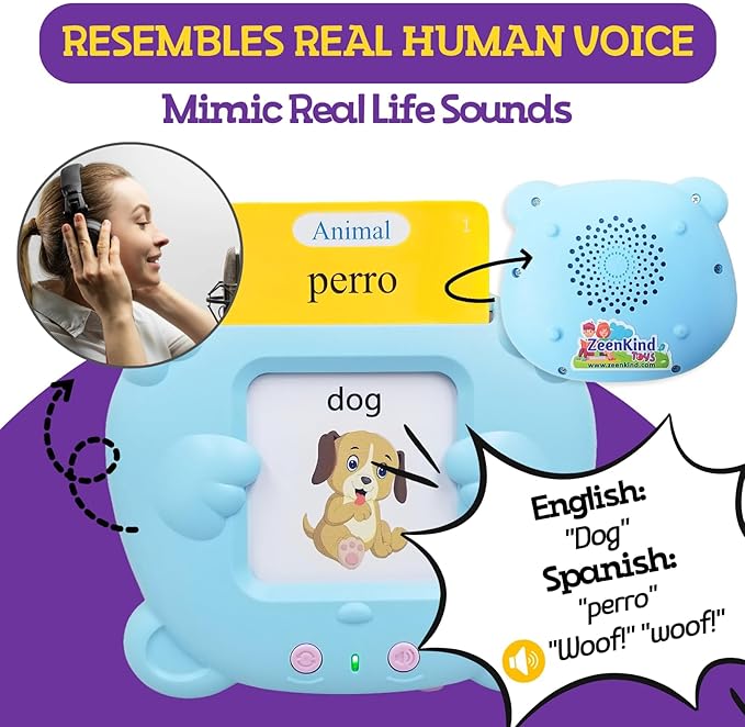 ZEENKIND Talking Spanish Flash Cards for Kids, Bilingual Flash Cards 510 English Spanish Learning for Kids, Early Education Device Flashcard Toys, Pocket Speech for Toddlers 3-6 Years Old