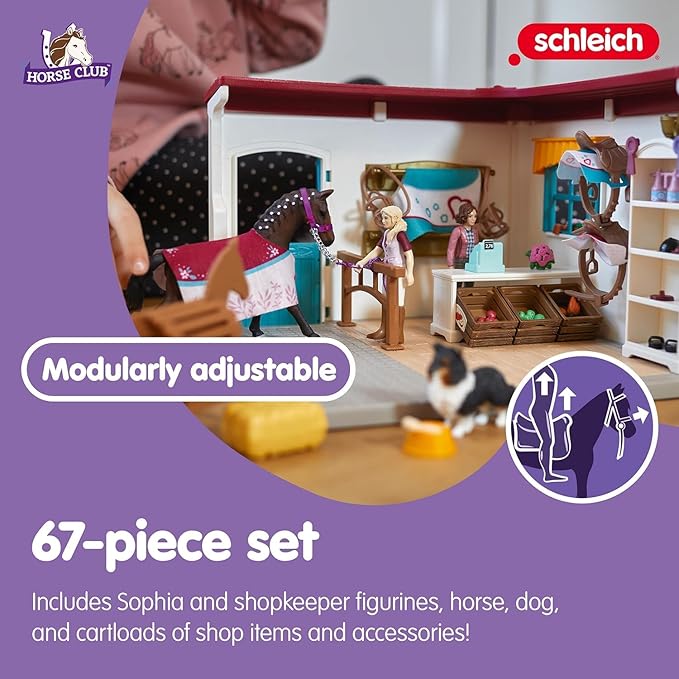 Schleich Horse Club - 67PC Sofia's Tack Shop Playset with Toy Horse Figurine, 2 Poseable Action Figures and Accessories - Realistic Pretend Shopping Toys for Girls and Boys - Kids Toys Ages 5+ | 42568