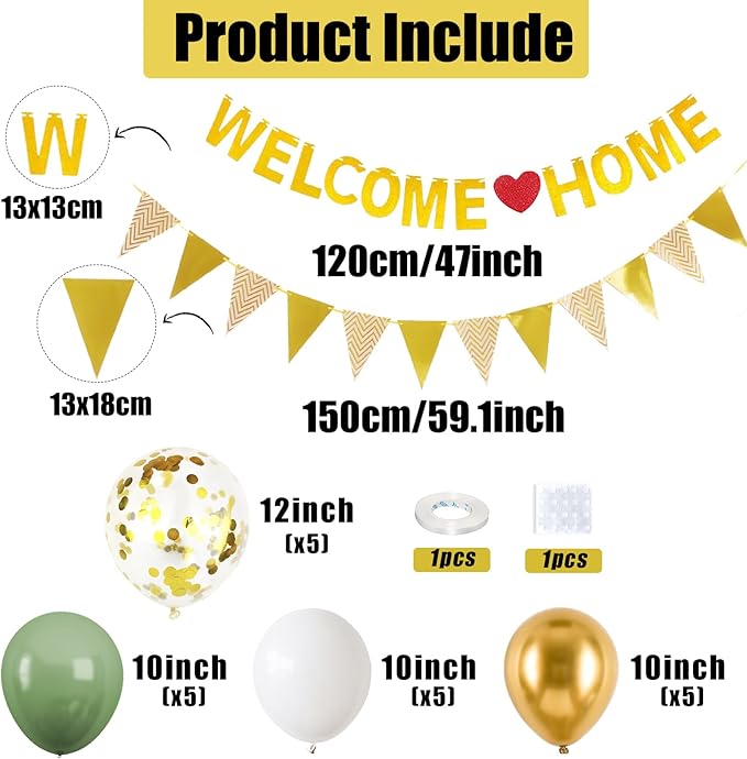 Welcome Home Decorations,Green Gold Welcome Home Balloons Banners Set Glitter Banner with Confetti Balloons,Pennant Flag Bunting for Home Family Baby Shower Welcome Back Party Supplies