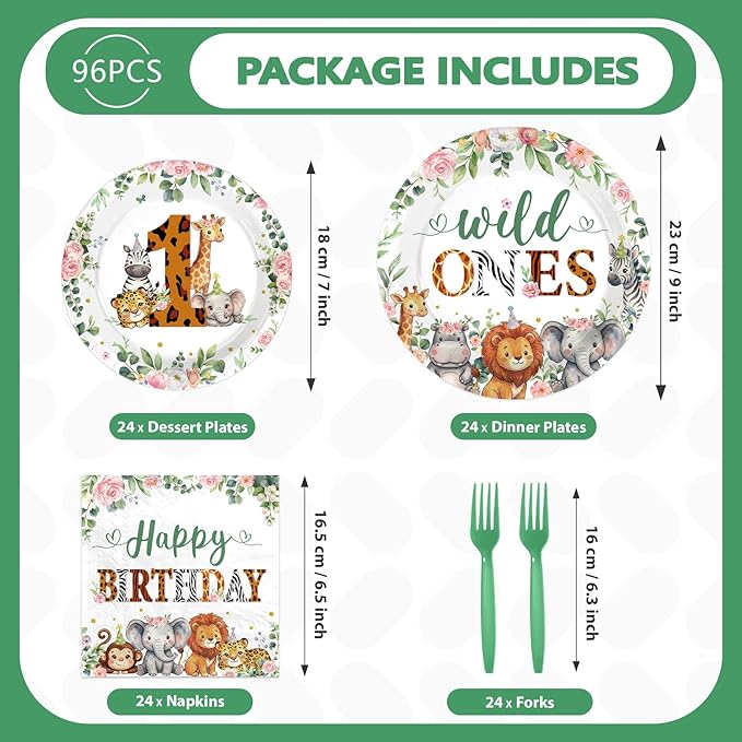 96Pcs Safari Wild Ones Birthday Party Decorations Twins Baby 1 Year Old Plates and Napkins Safari Jungle Animal Supplies for Boys Girls First Birthday Welcome Twins Party Supplies, Serves 24