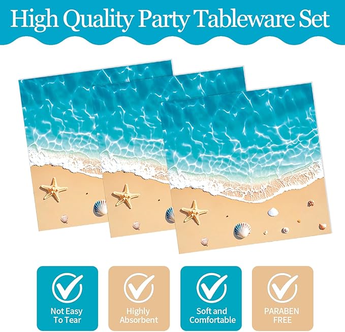 72PCS Beach Plates and Napkins, Ocean Waves Party Supplies Paper Plates and Napkins with Forks Disposable Tableware Set for Hawaiian Ocean Themed Party Decorations