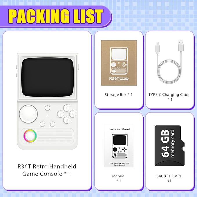 R36T Retro Gaming Console, 3.5'' IPS Screen CRT-Inspired, Handheld Game Console with 18000+ Classic Games Supports WiFi Networked Fighting and OTG, 3500mAh Battery, with Portable Case(White 64GB)