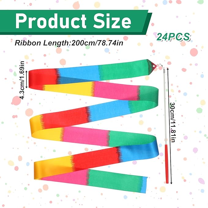 24 Pcs Ribbon Dancing Wands Bulk, 78.7 Inch Rainbow Streamers Party Favors Dance Rainbow Ribbon with Wand for Games, Artistic Gymnastics, Performance, Birthday Decor, Princess Party Supplies